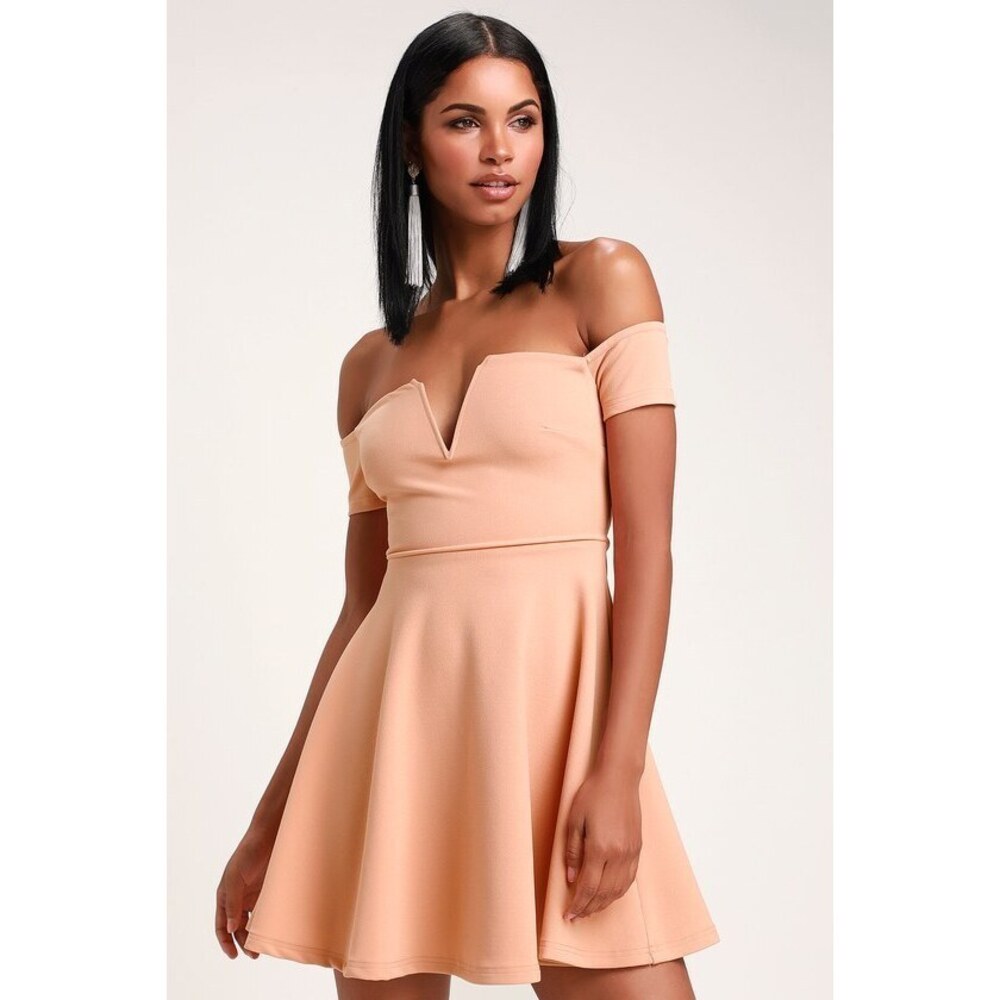 Lulus Play The Party Peach Off-the-shoulder Skater Dress Orange - Size L